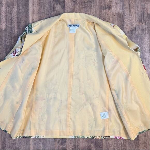 VTG Tropical Blazer 100% Silk Floral Parrot Hawaiian Nancy Bolen Yellow Medium - Picture 9 of 10
